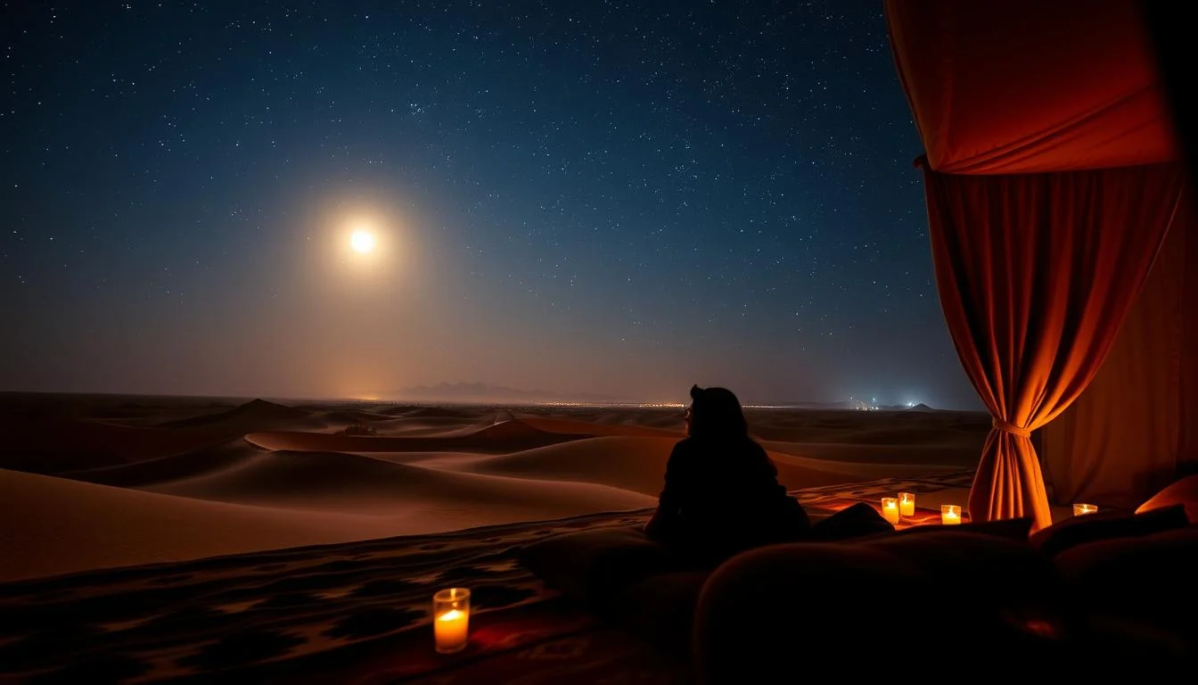 Candlelit tent overlooking moonlit desert dunes under a starry sky, with a figure seated at the entrance