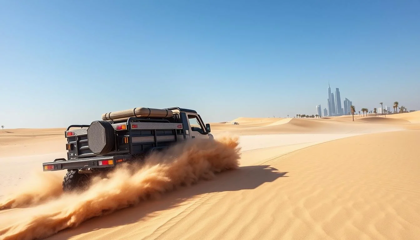 A 4x4 vehicle stuck in soft red sand dunes in the Dubai desert, with a recovery team preparing to winch it out