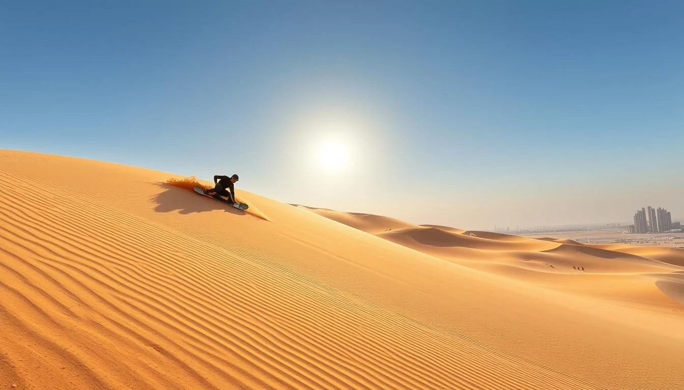 Tourists sandboarding down a large golden dune in the Dubai desert under a clear blue sky, enjoying the thrill of the activity