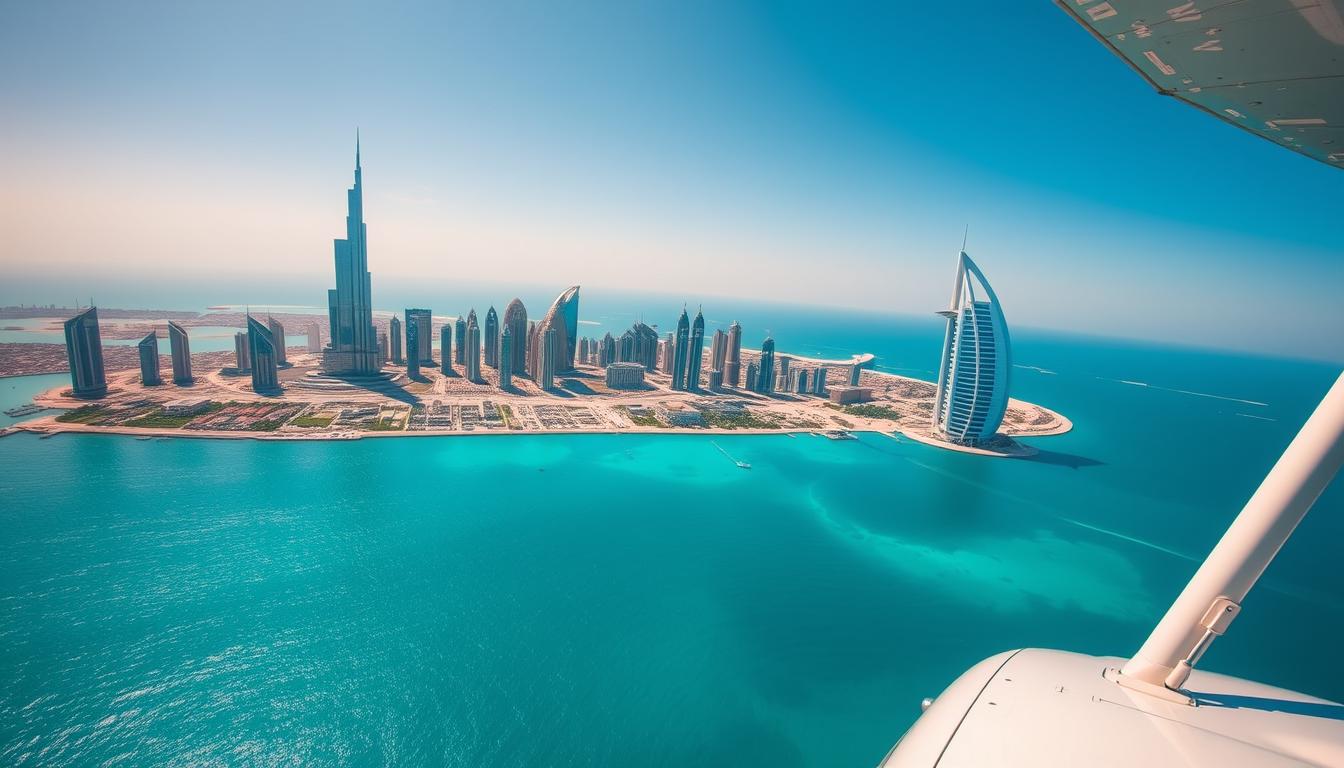 Seaplane flying over the iconic Burj Al Arab hotel and the coastline of Dubai at sunset, with the city skyline in the background