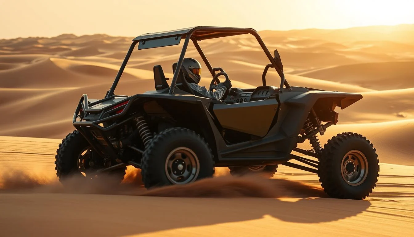 Tourists driving self-drive dune buggies across golden sand dunes in the Arabian Desert at sunset, with safety gear on