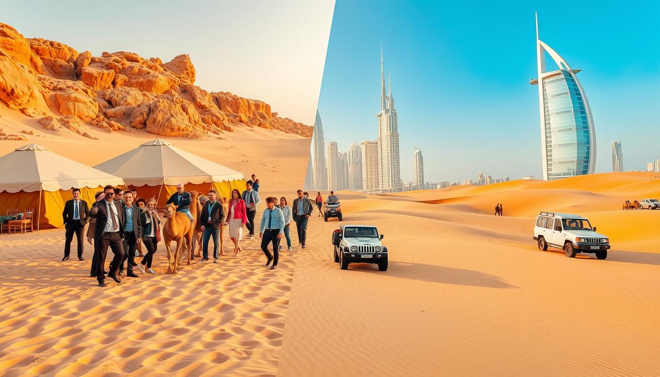 Tourists enjoying a desert safari in Dubai with a 4x4 vehicle driving over red sand dunes at sunset