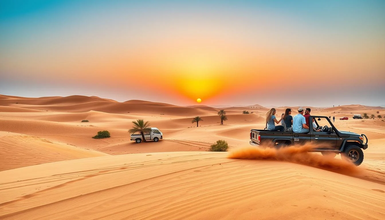 Tourists enjoying a desert safari with dune buggies and camels in the vast, golden dunes of Sharjah or Ras Al Khaimah at sunset