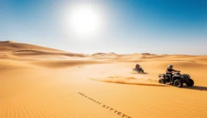 Quad bikers riding through the vast, red sand dunes of the Kalahari Desert under a clear sky, with acacia trees in the distance