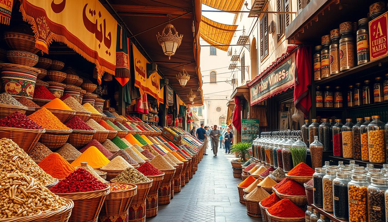 Colorful spices and herbs displayed in open sacks at a stall in Dubai's historic Spice Souk, inviting visitors to explore