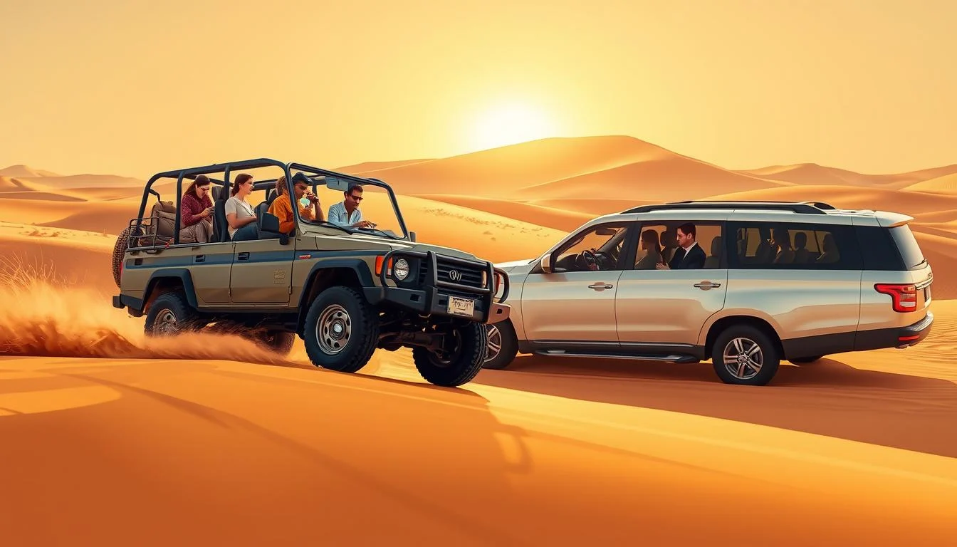 Tourists enjoying a desert safari in Sharjah with a 4x4 vehicle driving over red dunes at sunset
