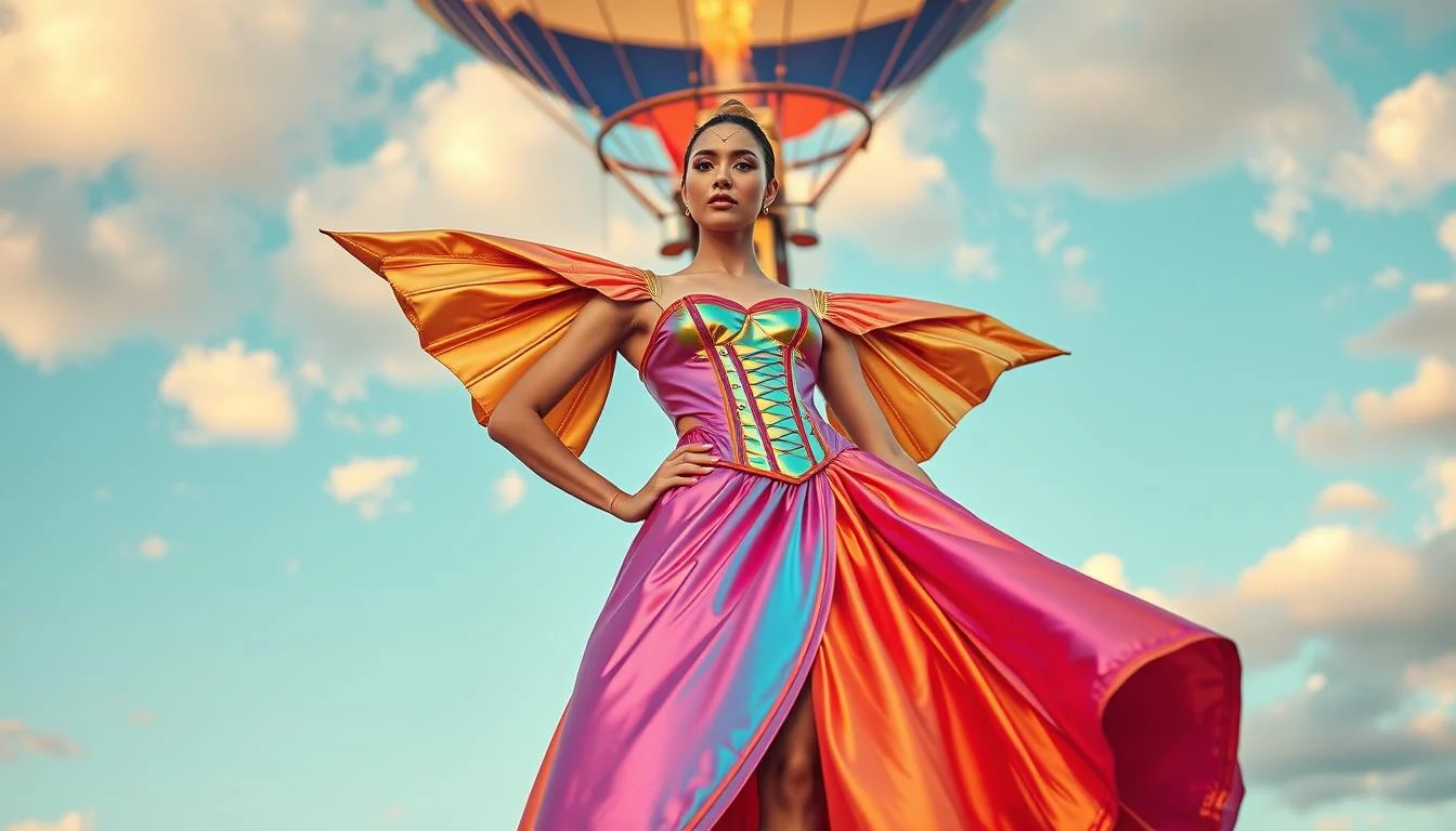 Tourists in stylish layered outfits enjoying a hot air balloon ride over the vast desert landscapes of Dubai at sunrise