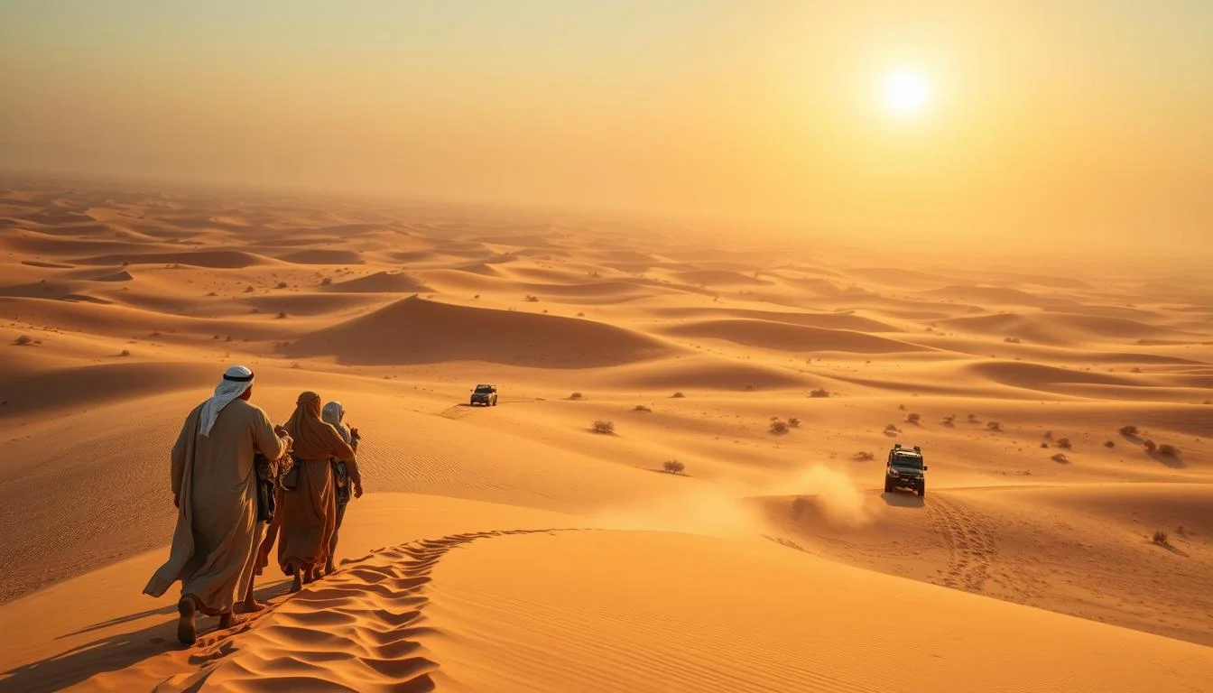 Tourists experiencing an eco-conscious desert safari in Dubai, connecting with Emirati heritage and sustainable tourism initiatives