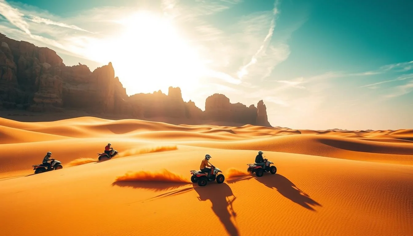 Tourists riding quad bikes across the vast, rolling sand dunes of Abu Dhabi's desert during the cooler months