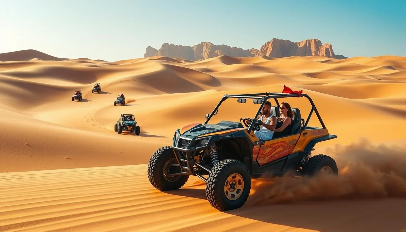 Tourists driving dune buggies across vast desert dunes in Abu Dhabi with a beautiful sunset in the background