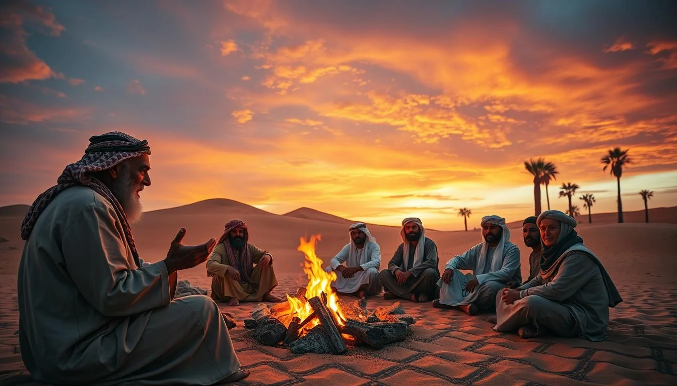 Tourists enjoying a traditional Bedouin meal under the stars in the Dubai desert, surrounded by cultural performances and warm hospitality