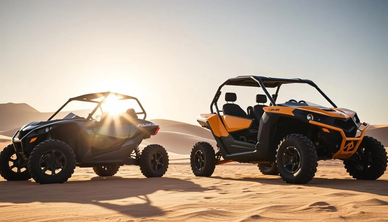 Two high-performance desert buggies, a Polaris and a Can-Am, parked side-by-side on a golden dune in the Dubai desert at sunset, ready for an adventur