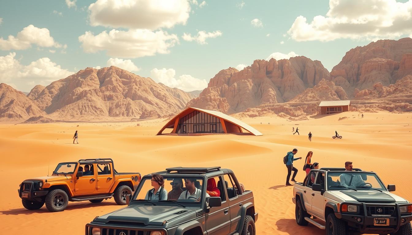 Golden desert dunes of Ras Al Khaimah stretching towards the Hajar Mountains at sunrise, inviting adventure tourists