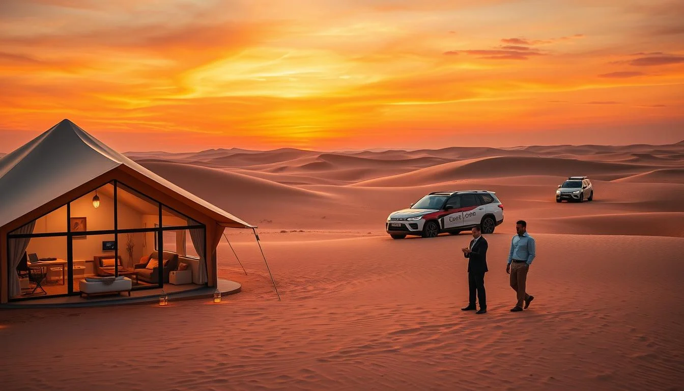 Tourists enjoying a luxury desert safari camp in Sharjah at dusk, with violet skies and stars appearing over Mleiha's ancient ridge