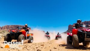 Tourists riding quad bikes across the rugged terrain of the Judean Desert with mountains and historical sites in the background
