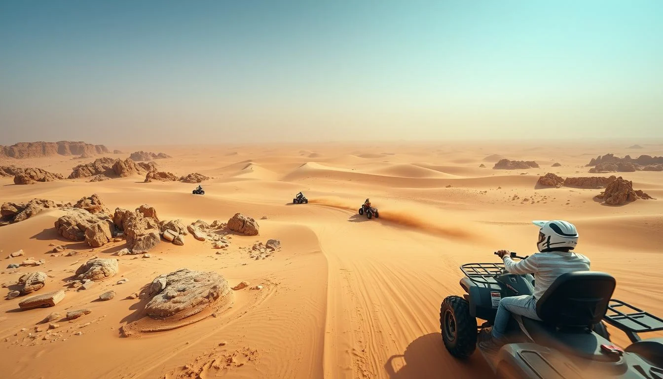 Tourists riding quad bikes across the vast, red dunes of Abu Dhabi's desert at sunset, kicking up sand