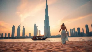 A couple holding hands and walking on a pristine beach in Dubai with the city skyline in the background at sunset, enjoying their honeymoon