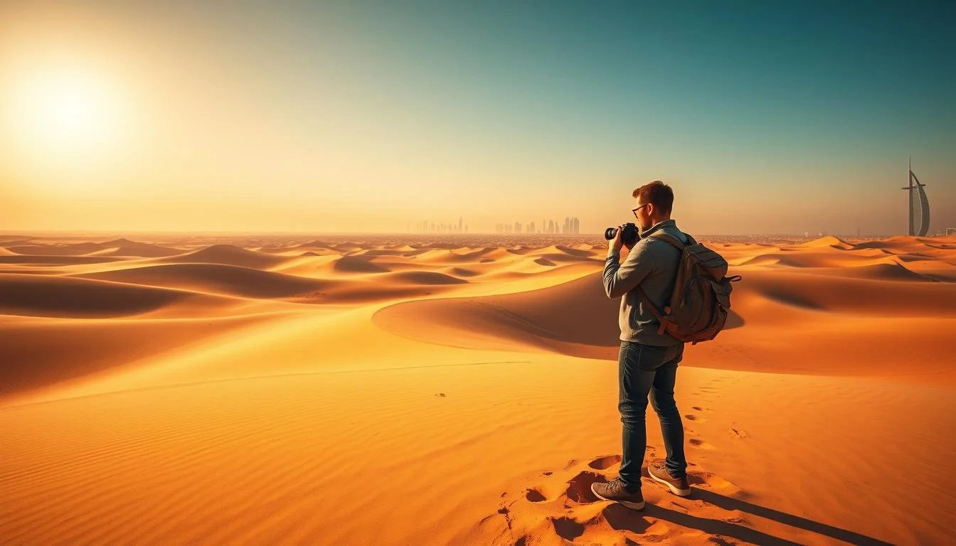 Photographer capturing the beautiful red dunes of the Dubai desert during golden hour with a professional camera