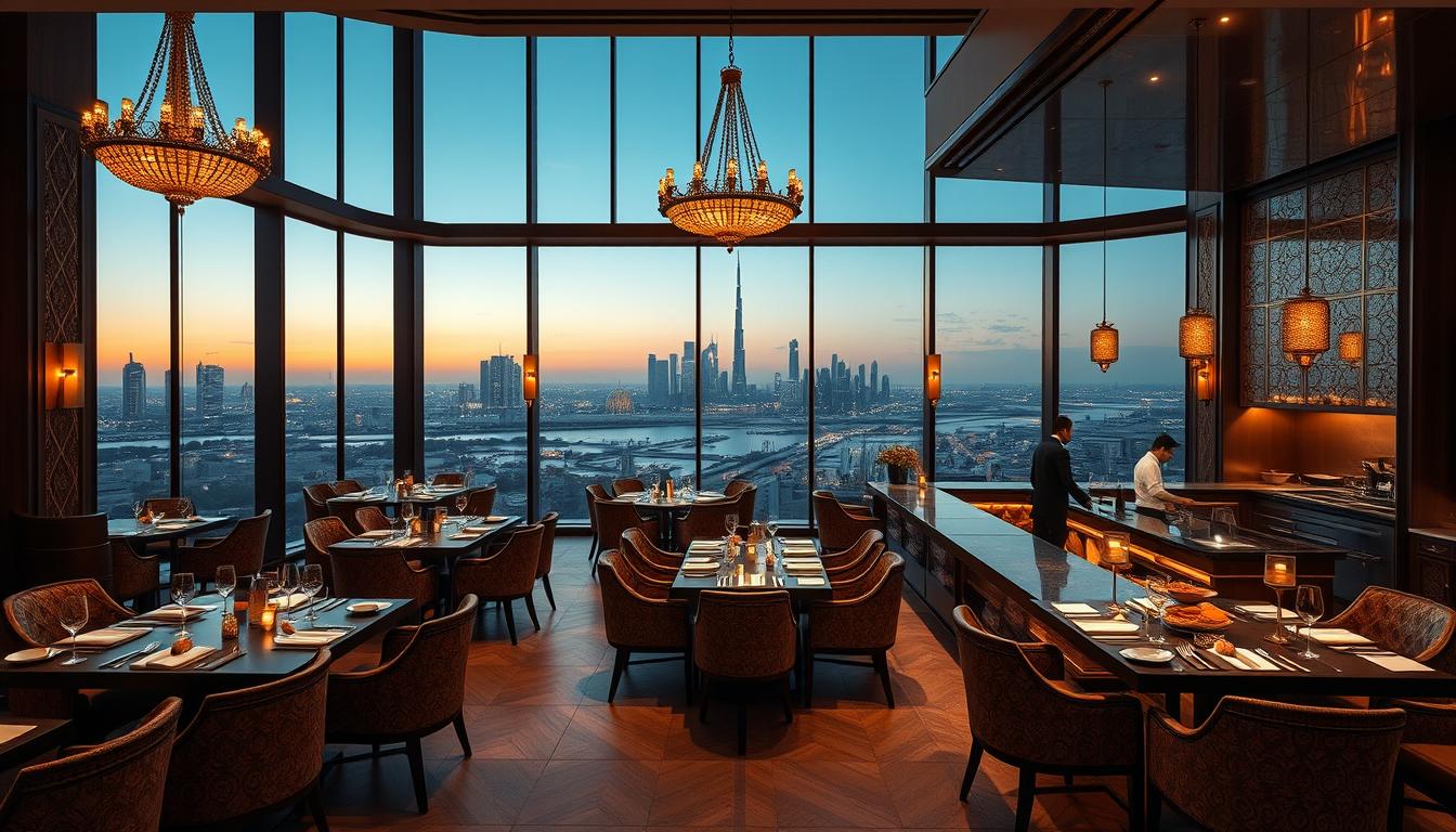A luxurious Indian restaurant in Dubai with an outdoor terrace overlooking the city skyline at night, showcasing fine dining and stunning views