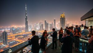 Well-dressed guests mingling at a rooftop bar overlooking the illuminated Dubai skyline at night