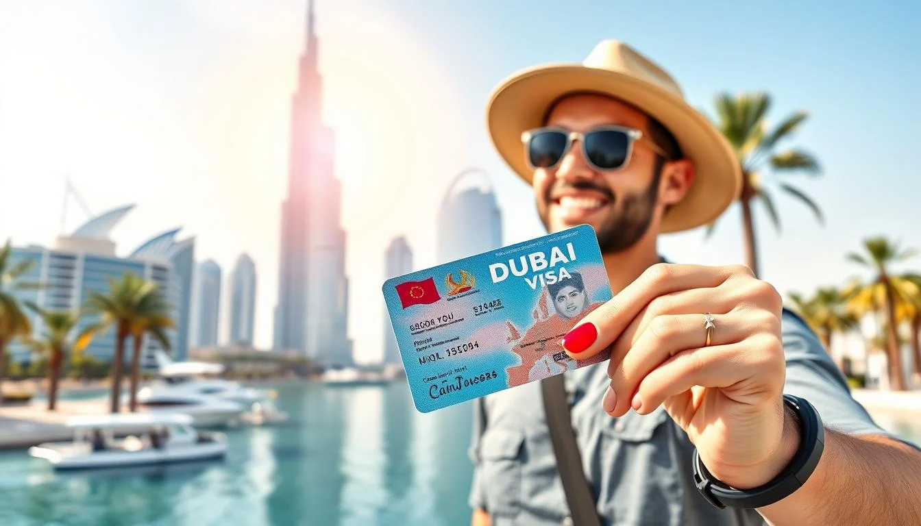 A tourist couple posing for a photo with the iconic Dubai skyline in the background, showcasing the city's modern architecture