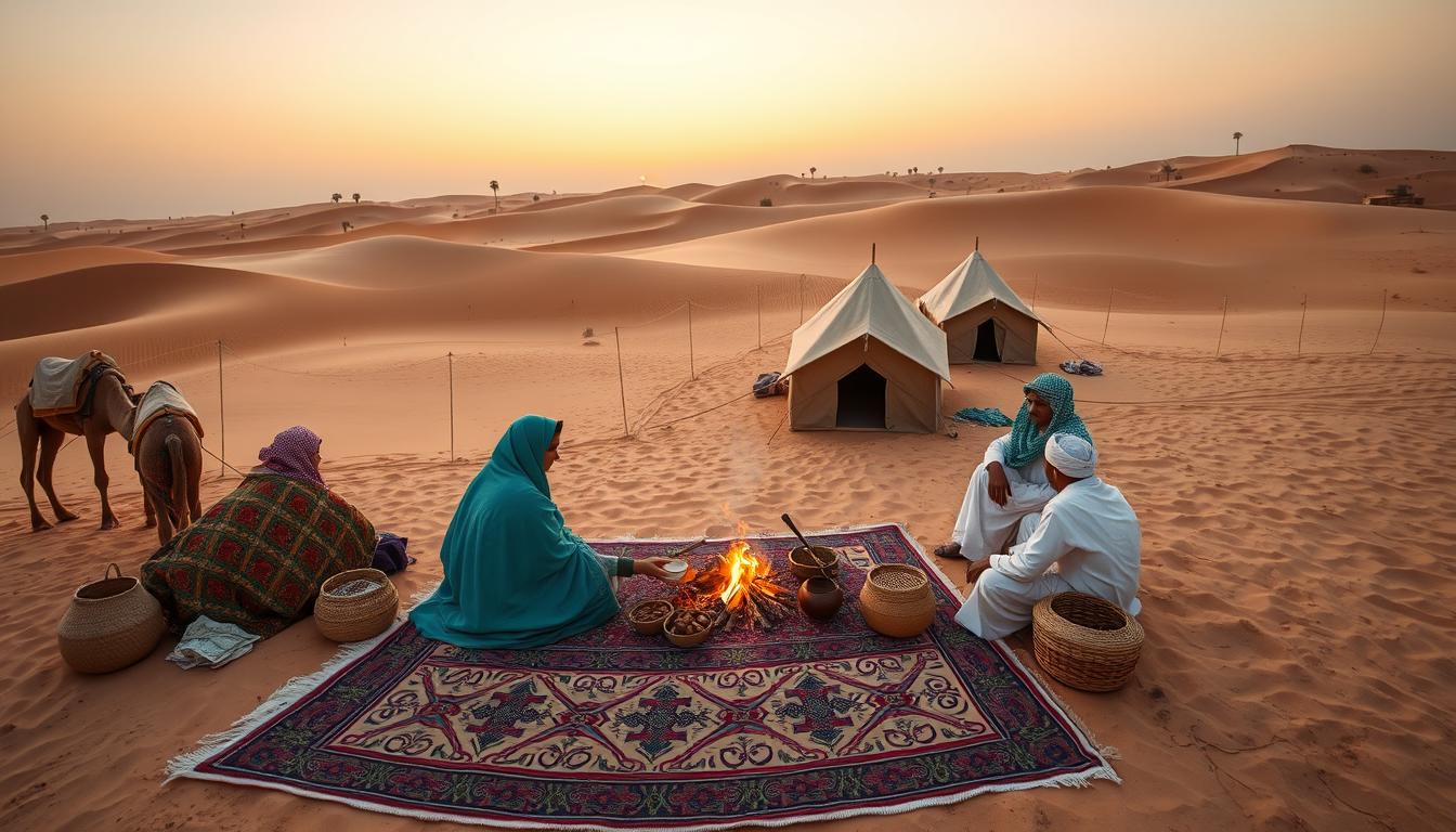 Tourists learning about traditional Bedouin culture in a desert camp with gahwa and dates in Ras Al Khaimah