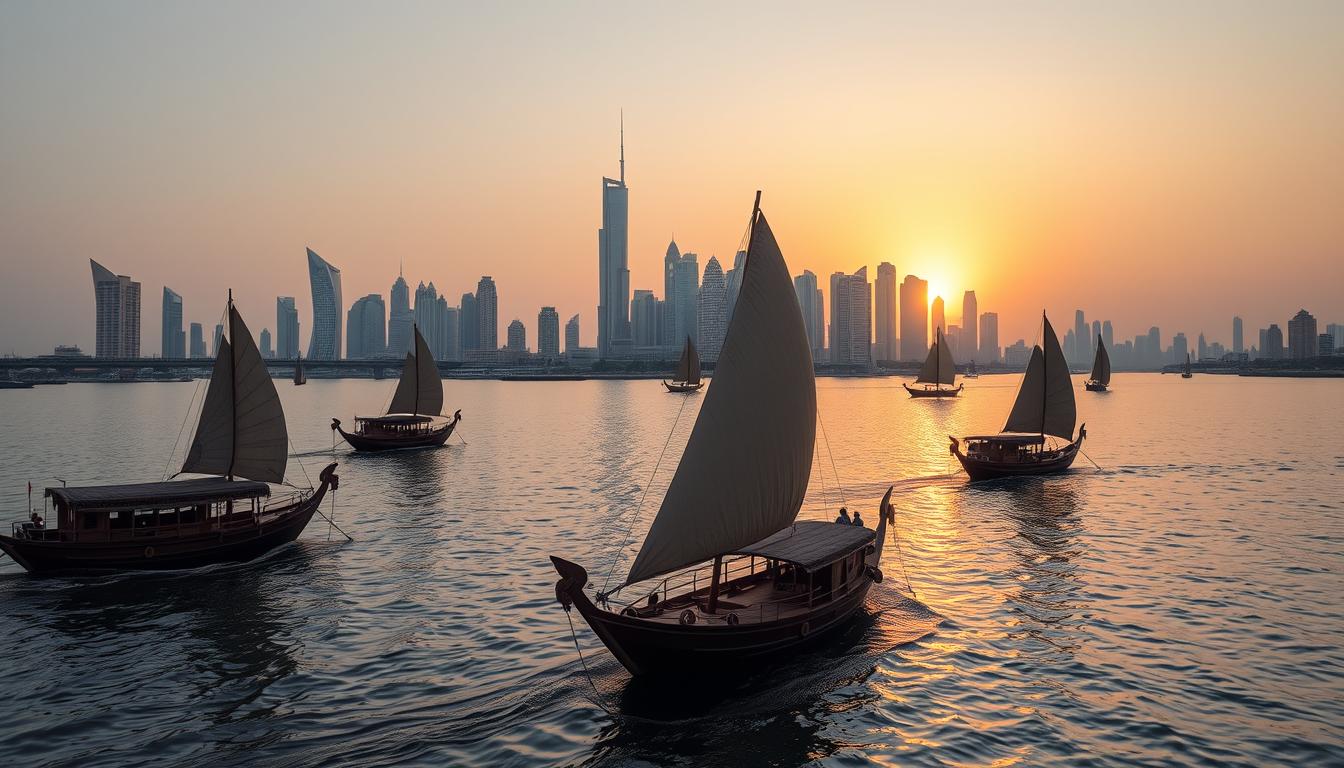 Traditional dhow boats with triangular sails gliding peacefully on Dubai Creek at sunset, reflecting golden light on the calm waters