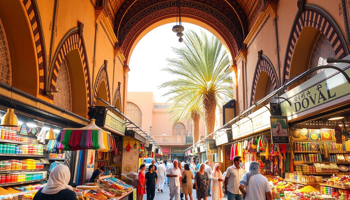 Tourists exploring the bustling alleys of Dubai's traditional Spice Souk, filled with colorful spices and aromatic herbs