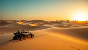 Tourists riding dune buggies across golden Dubai desert dunes, with the sun setting in the background