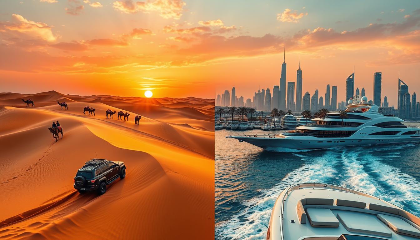 Tourists enjoying a desert safari with dune bashing, camel riding, and traditional Bedouin cultural experiences in Dubai