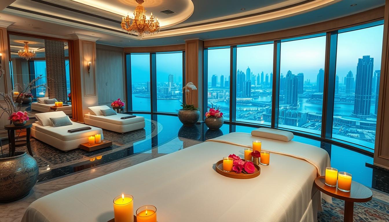 Luxurious spa treatment room in Dubai with soft lighting and elegant decor, ready for a VIP spa package experience