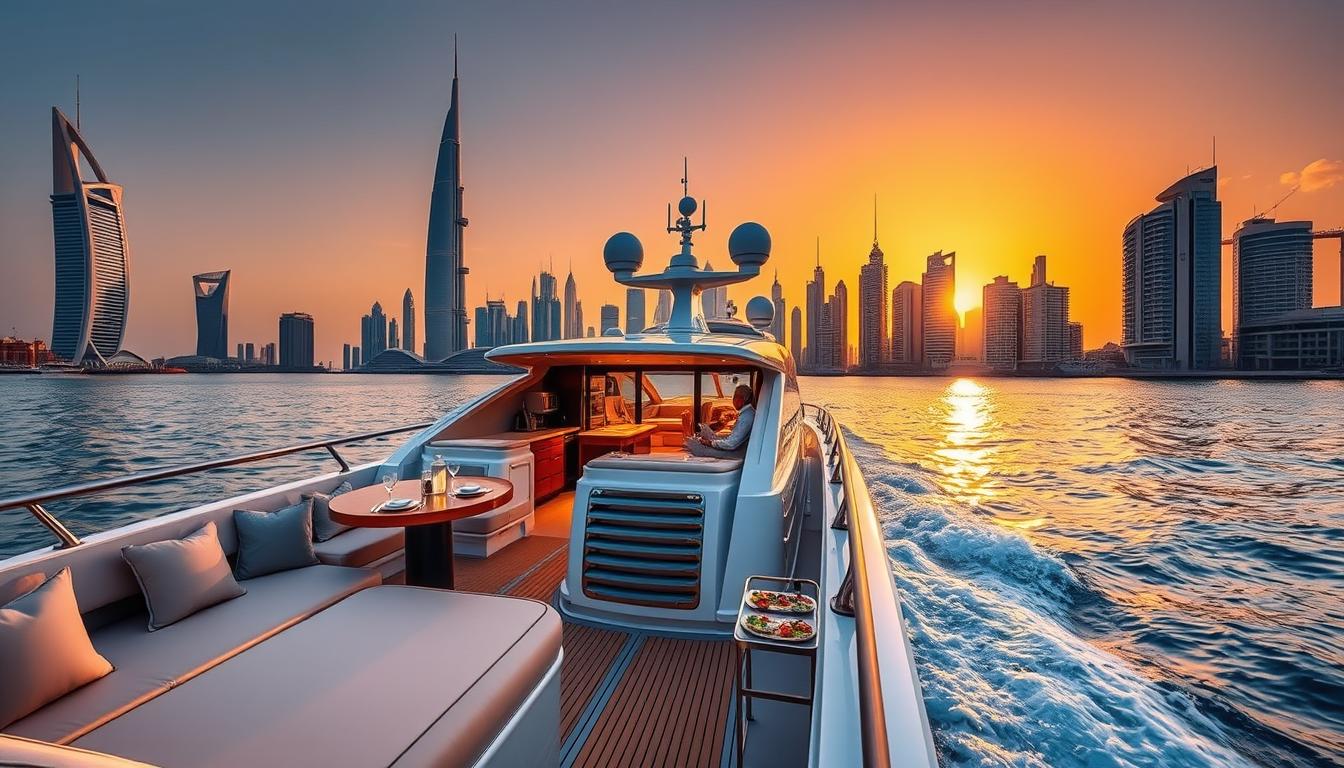 Luxury yacht cruising past Dubai's iconic skyline at sunset, offering VIP services for an exclusive experience on the Arabian waters