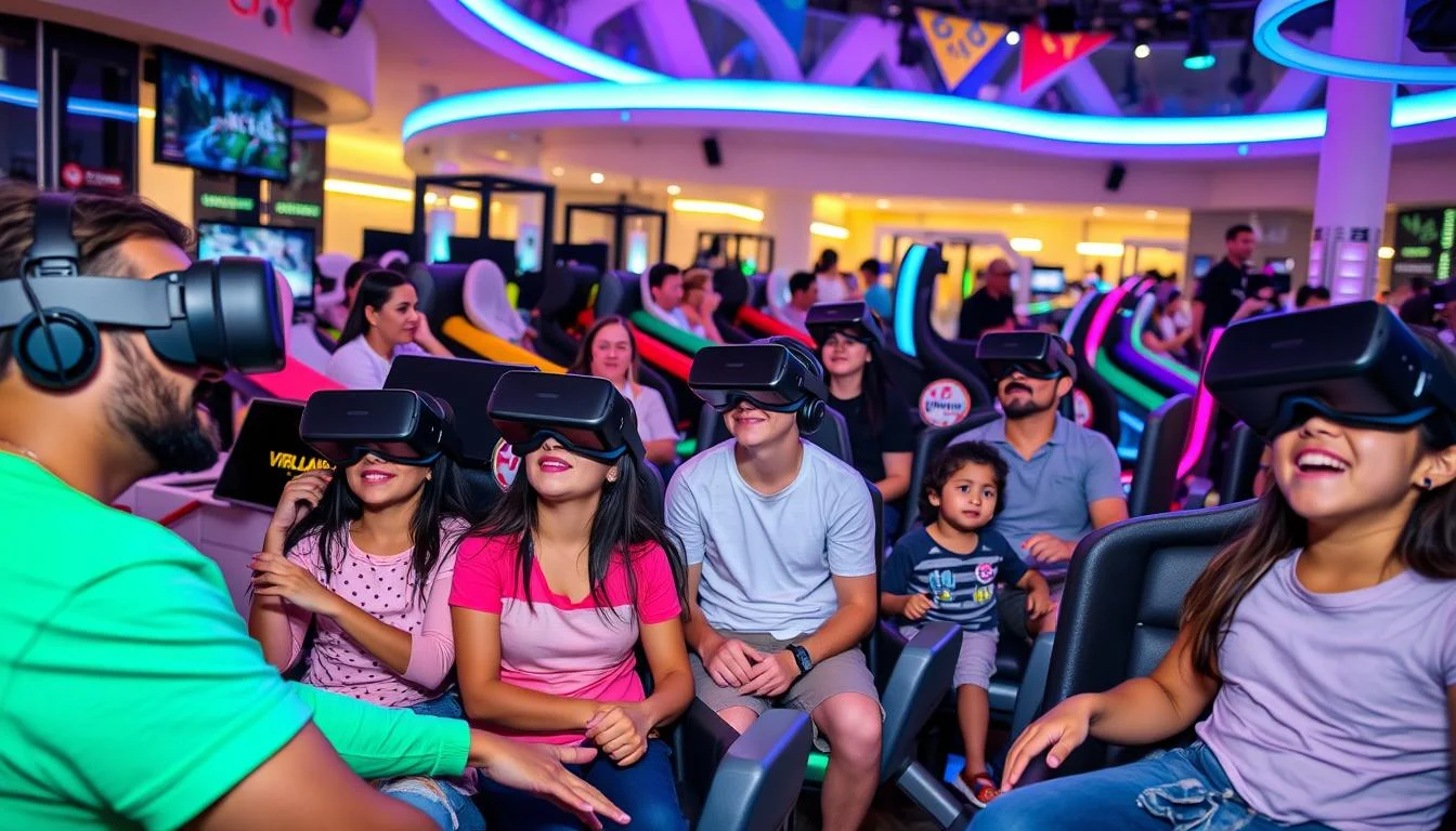 Families exploring virtual reality experiences at VR Park Dubai, with colorful digital landscapes and interactive games surrounding them