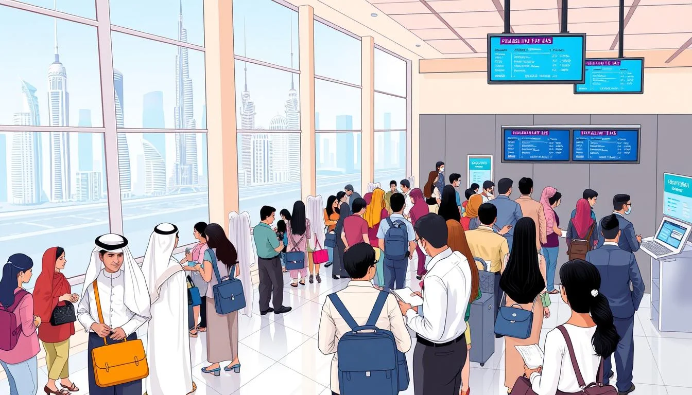 Tourists reviewing a detailed infographic about the Dubai visa process on a tablet, highlighting key steps and requirements