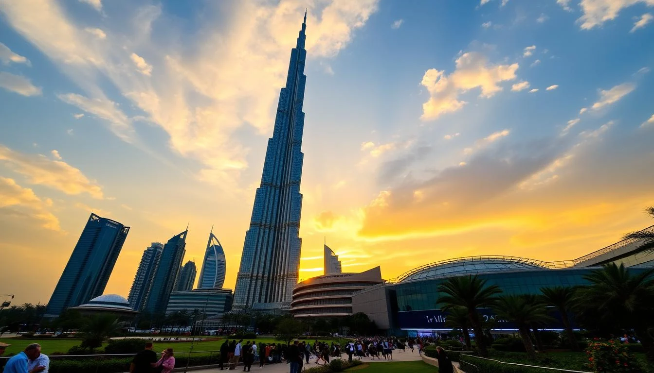 The towering Burj Khalifa skyscraper in Dubai at sunset, with the city skyline illuminated around it.