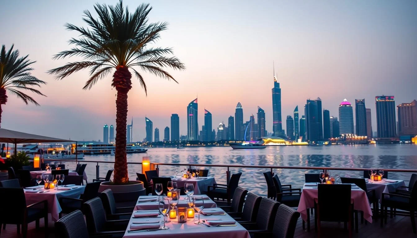 Candlelit waterfront fine dining tables under palm trees facing the Dubai skyline across the water at dusk