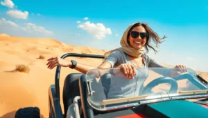Tourists riding dune buggies across the vast red sand dunes of Sharjah at sunset, enjoying the thrill and scenic beauty.