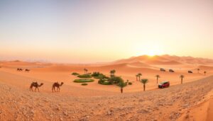 Desert safari panorama at sunset with camels, a palm oasis and 4x4 vehicles crossing golden dunes