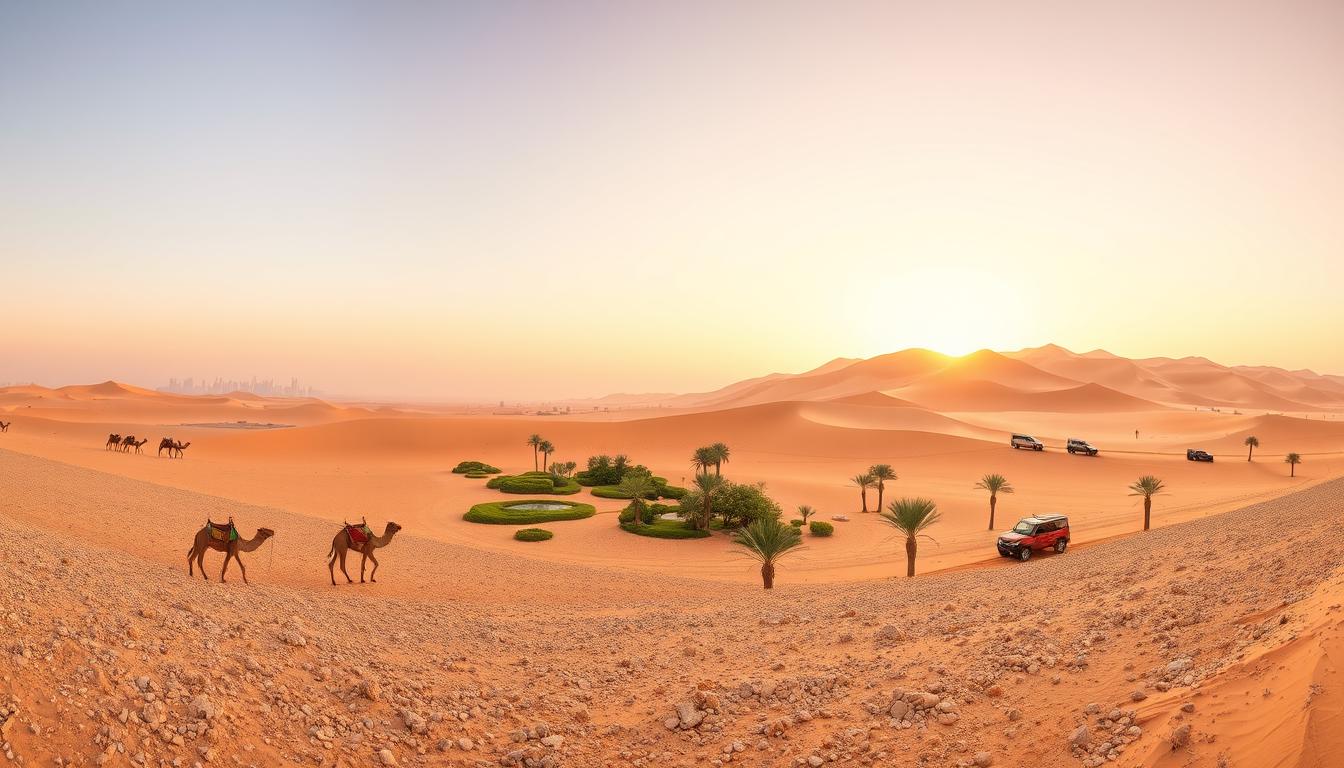Desert safari panorama at sunset with camels, a palm oasis and 4x4 vehicles crossing golden dunes