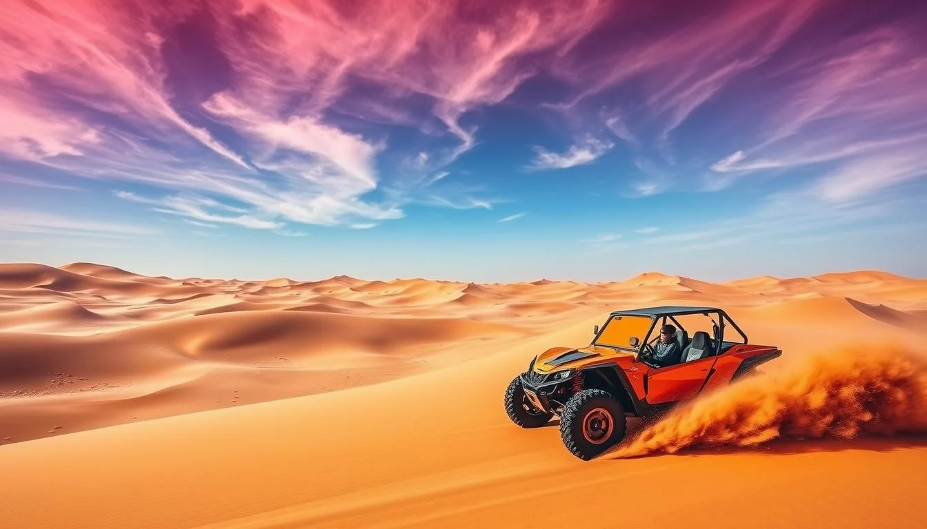 Tourists riding dune buggies across the vibrant red sand dunes of Abu Dhabi under a clear blue sky, kicking up sand