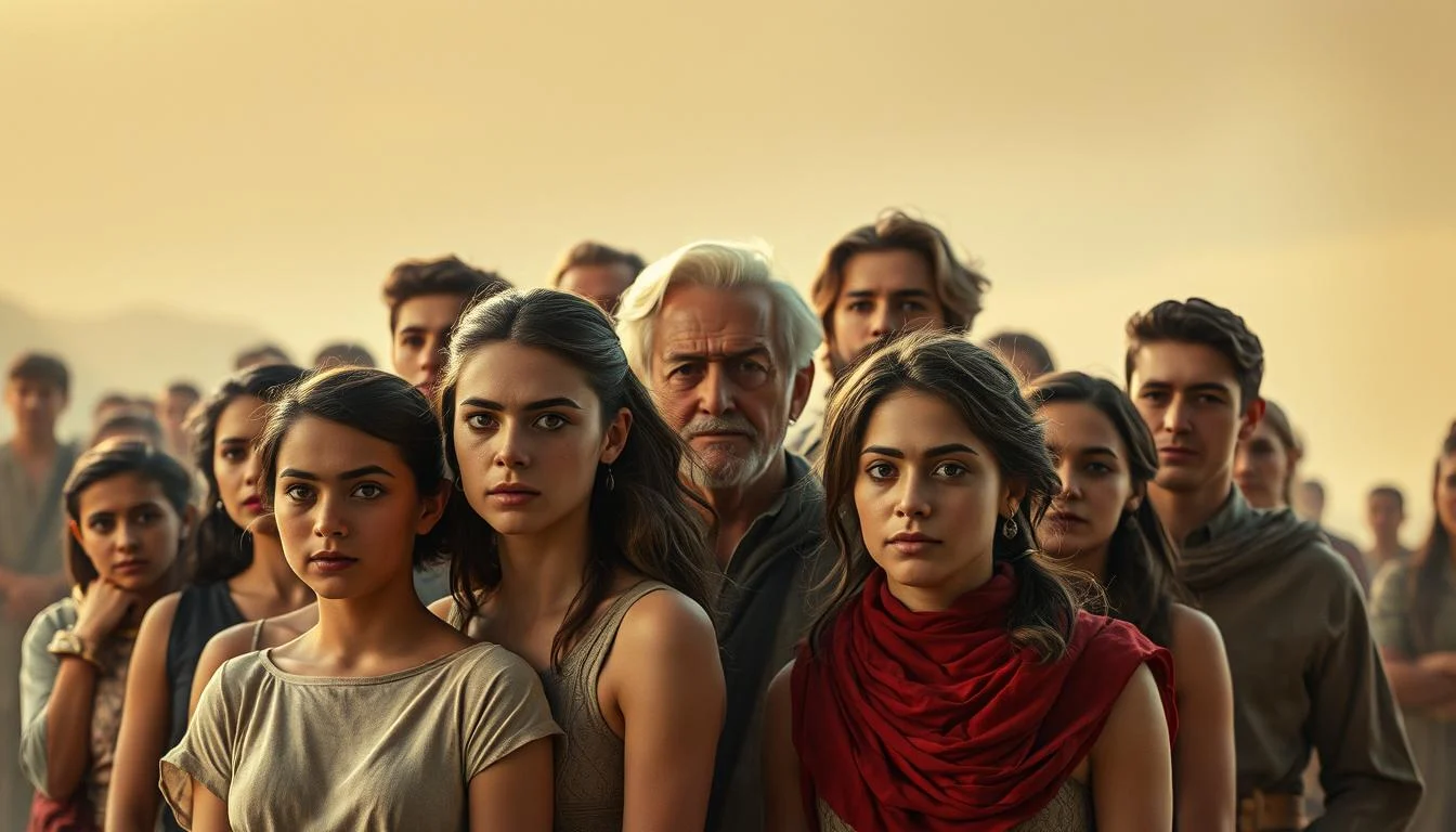 A still from the movie Dune showing Paul Atreides looking out over a vast desert landscape with giant sandworms in the distance