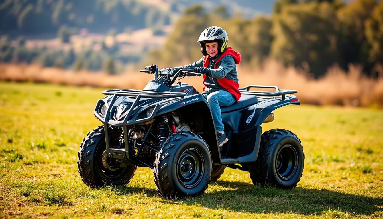 Young rider on a 250cc quad bike navigating a sandy desert trail with adult supervision, highlighting safety and age-appropriate riding