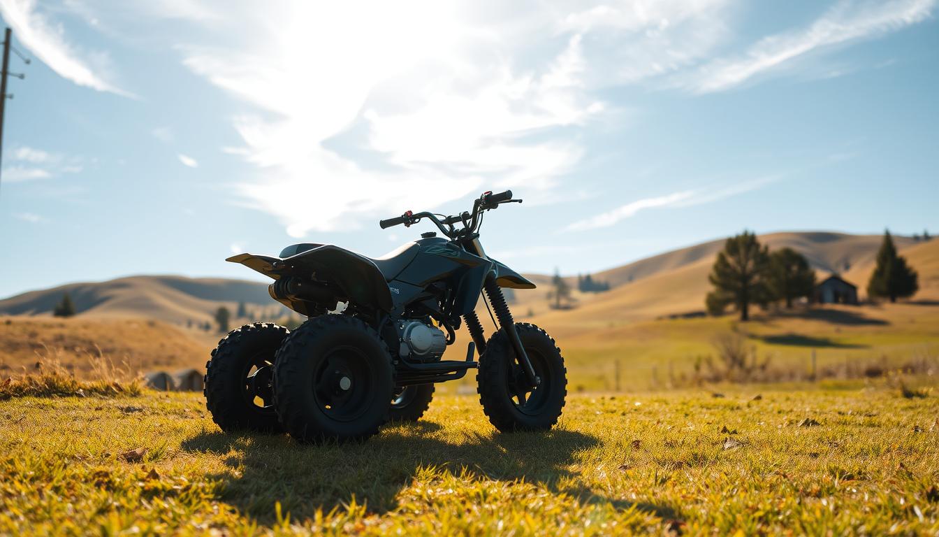 Young child wearing a helmet and protective gear, riding a 50cc quad bike on a sandy track with adult supervision