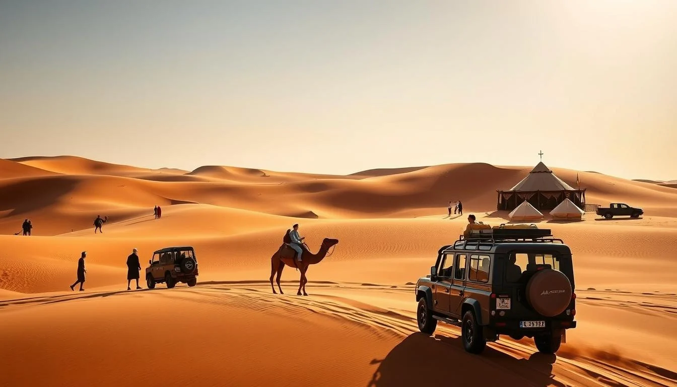 Dubai desert safari scene with 4x4 vehicles, a camel rider, visitors and a tented camp on the dunes