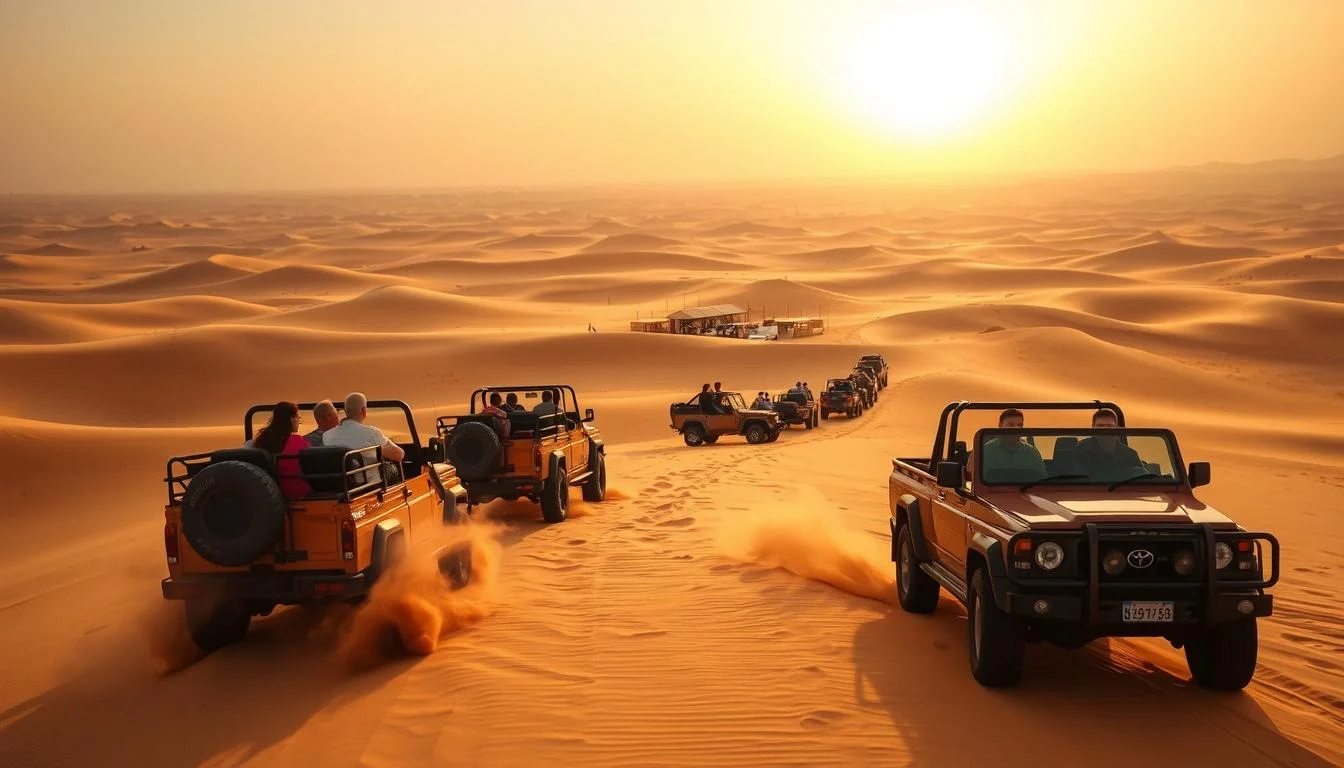 Tourists enjoying a thrilling desert safari experience, with dune bashing, quad biking, and traditional Bedouin camp activities in Dubai