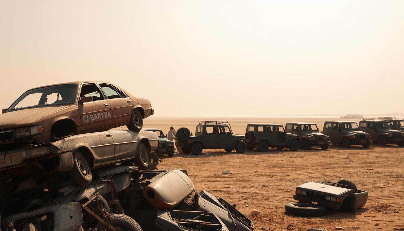 An old, rusty car being prepared for recycling at a scrapyard in Dubai, with a focus on environmental regulations and sustainable practices
