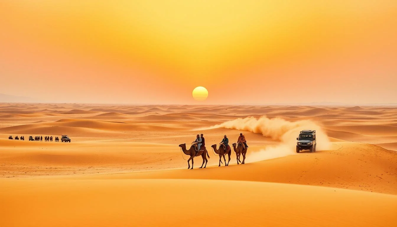 Tourists enjoying a desert safari in Dubai, with a 4x4 vehicle driving over golden dunes at sunset