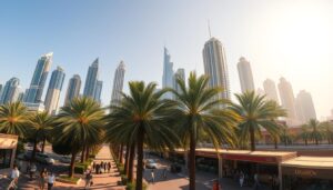 Palm-lined Dubai promenade under a blazing sun with glass skyscrapers rising behind