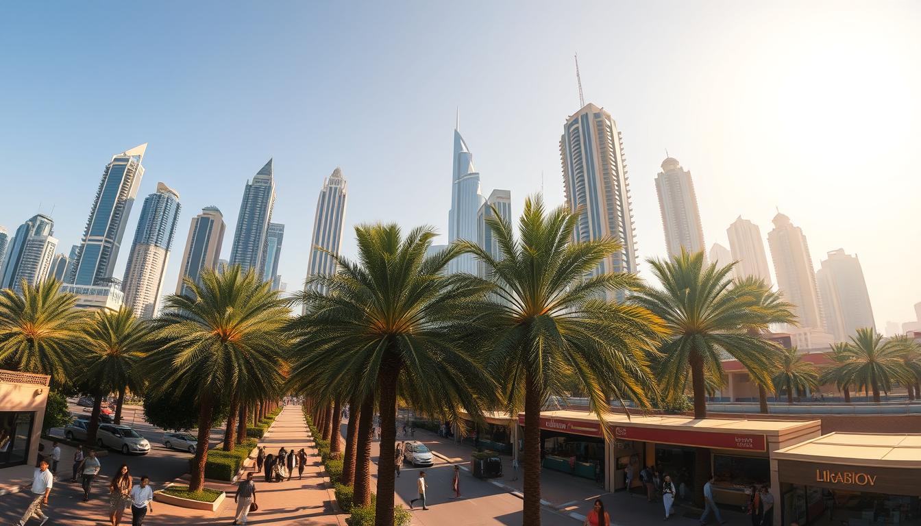 Palm-lined Dubai promenade under a blazing sun with glass skyscrapers rising behind