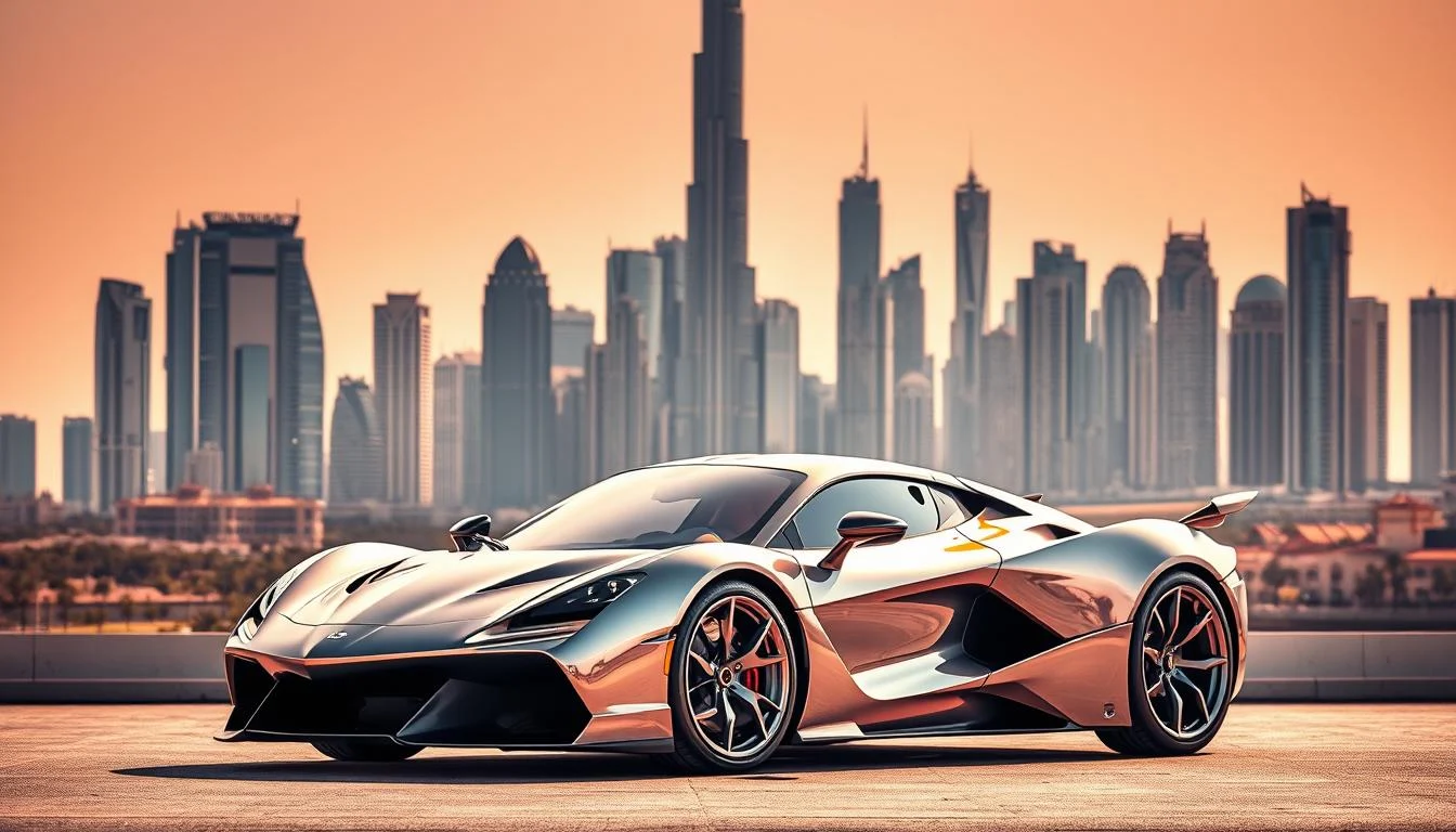 Chrome bronze supercar parked before a city skyline dominated by a supertall tower at sunset